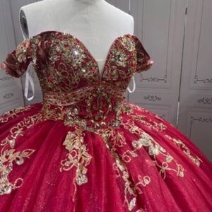 Girls Off-Shoulder Red Ball Gown with Gold Embroidery